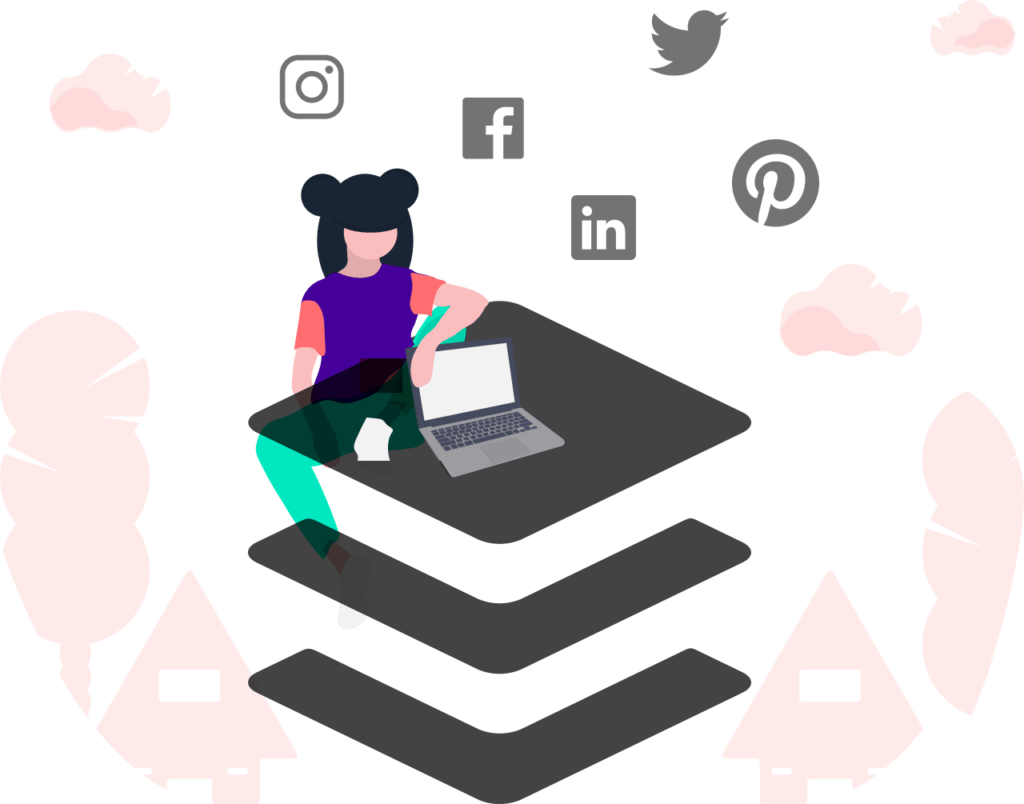 Chica con dos moñitos y signos de rrss a su alrededor