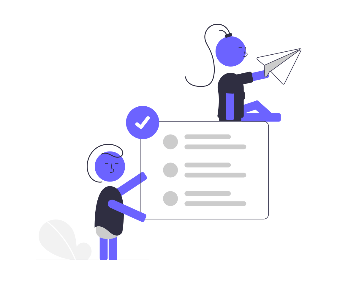 Dos empleados con una lista y un avioncito de papel