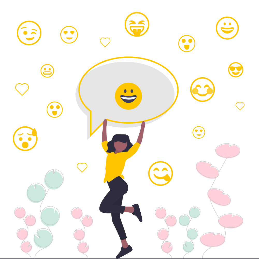 Chica sosteniendo burbuja de pensamiento con emoji