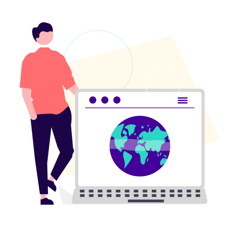 Chico con sueter naranja con la computadora