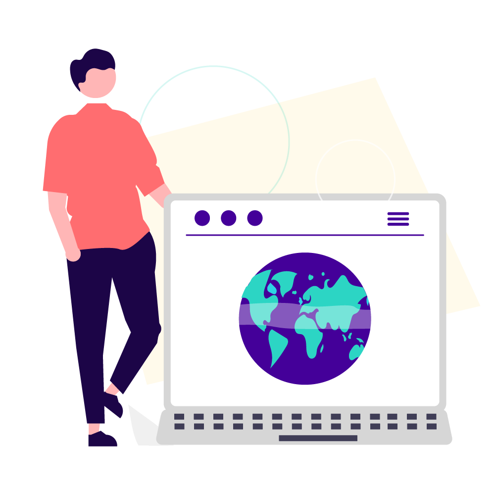 Chico con sueter naranja con la computadora