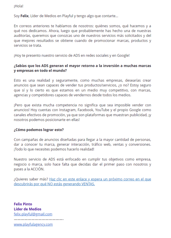 ejemplo sobre nuevo servicio mailing