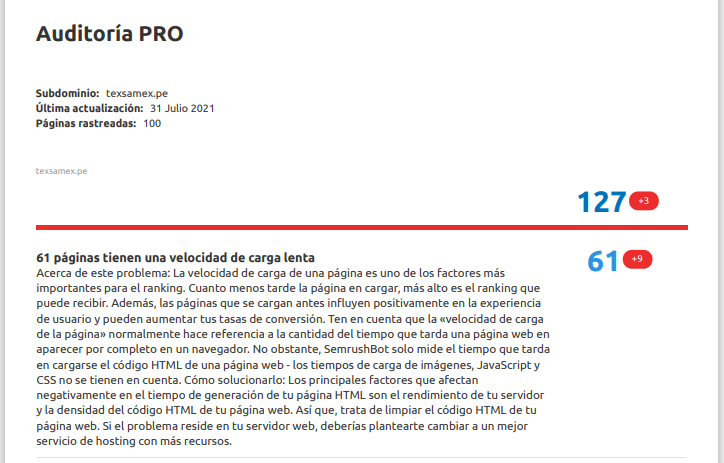 Ejemplo de los errores críticos que arroja la auditoría SEO Pro